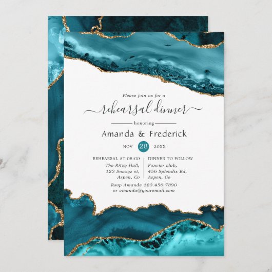 ターコイズと金ゴールドアガテ結婚のリハーサルディナー 招待状 (正面/裏面)