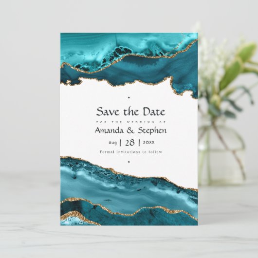 ターコイズと金ゴールドアガートウェディング日付を保存 セーブザデート (スタンド正面)
