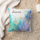 ターコイズと金ゴールドアルコールインク&名前 クッション (ブランケット)