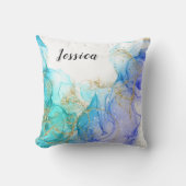ターコイズと金ゴールドアルコールインク&名前 クッション (正面)