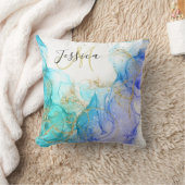 ターコイズと金ゴールドアルコールインク&名前 クッション (ブランケット)