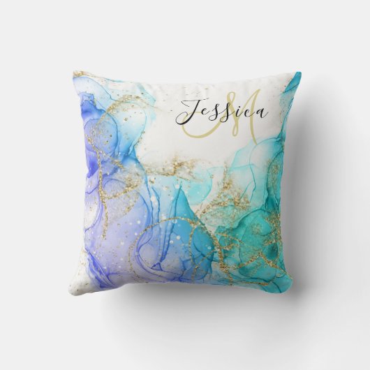ターコイズと金ゴールドアルコールインク&名前 クッション (裏面)