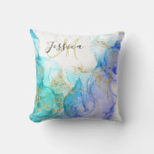 ターコイズと金ゴールドアルコールインク&名前 クッション (正面)