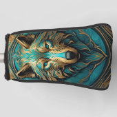 ターコイズと金ゴールドウルフ ゴルフヘッドカバー (正面)