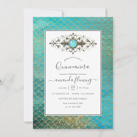 ターコイズと金ゴールドジェムストンマーメイドキンセアニラ 招待状 (正面)