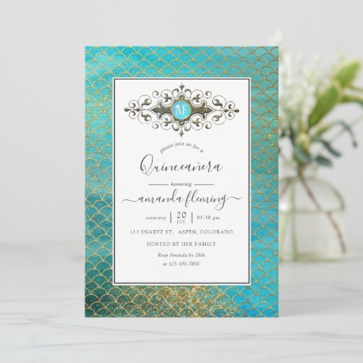 ターコイズと金ゴールドジェムストンマーメイドキンセアニラ 招待状 (スタンド正面)