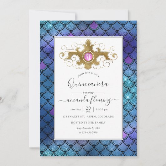 ターコイズと金ゴールドジェムストンマーメイドキンセアニラ 招待状 (正面)