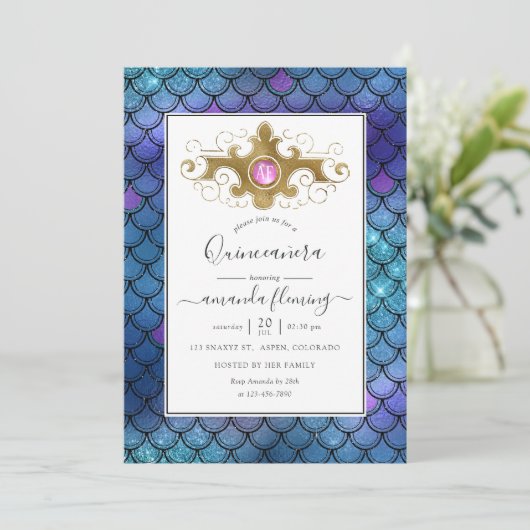 ターコイズと金ゴールドジェムストンマーメイドキンセアニラ 招待状 (スタンド正面)