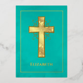 ターコイズと金ゴールドバプテスマ/《キリスト教》洗礼式や命名式フィリグリー 箔招待状 (正面)