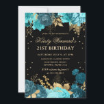 ターコイズと金ゴールドバラフローラ21st誕生日 招待状<br><div class="desc">ターコイズエレガントと金ゴールドの水カラーバラは、黒い背景に金ゴールドグリッターとダイヤモンドを持つアートをクリップ</div>
