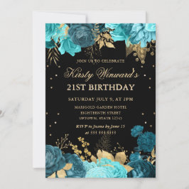 ターコイズと金ゴールドバラフローラ21st誕生日 招待状