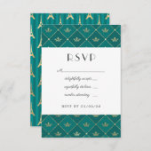 ターコイズと金ゴールドパリアールデコ結婚ズ 出欠カード (正面/裏面)