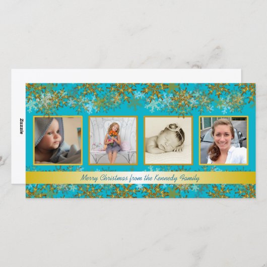 ターコイズと金ゴールドファミリーフォトクリスマスカード シーズンカード (正面/裏面)