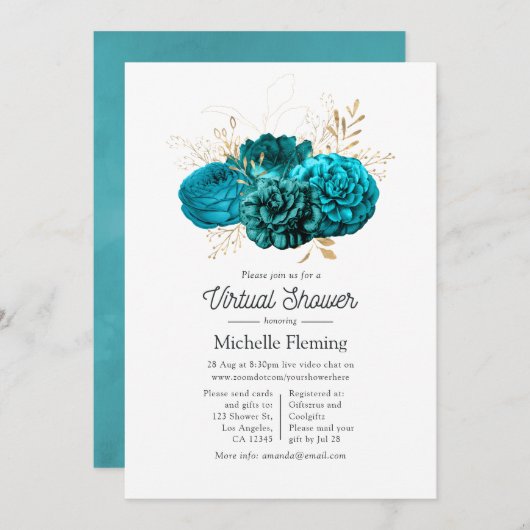 ターコイズと金ゴールドフローラの仮想シャワー 招待状 (正面/裏面)