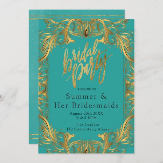ターコイズと金ゴールドフローリッシュブライダルシャワー 招待状 (正面/裏面)