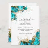 ターコイズと金ゴールドヴィンテージシャビーフローラ誕生日 招待状 (正面/裏面)