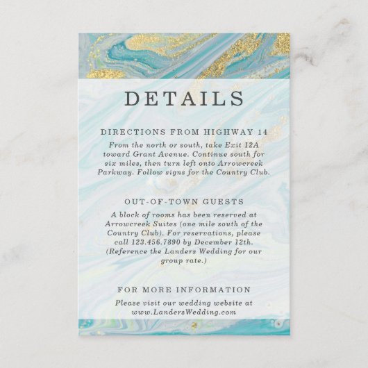 ターコイズと金ゴールド大理石の歯詳細/方向 エンクロージャーカード (正面)