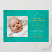 ターコイズと金ゴールド幾何学フローラ聖餐会 箔招待状 (正面)