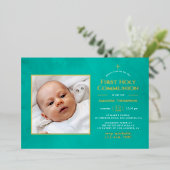 ターコイズと金ゴールド幾何学フローラ聖餐会 箔招待状 (立ち正面)