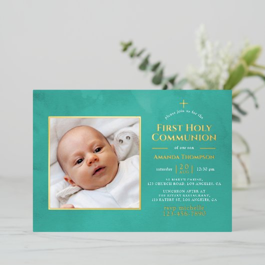 ターコイズと金ゴールド幾何学フローラ聖餐会 箔招待状 (立ち正面)