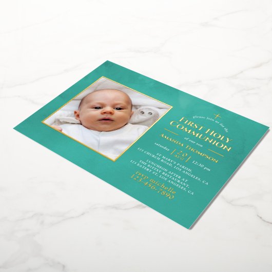 ターコイズと金ゴールド幾何学フローラ聖餐会 箔招待状 (回転した状態)