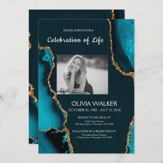 ターコイズと金ゴールド祝葬儀の生活 招待状 (正面/裏面)