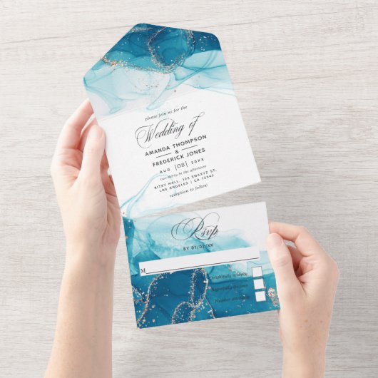 ターコイズと金ゴールド結婚インクの全てを一つのinvitati オールインワン招待状 (貼ってはがせる)