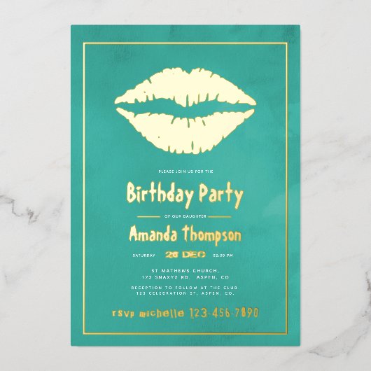 ターコイズと金ゴールド誕生日キス唇 箔招待状 (正面)