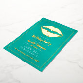 ターコイズと金ゴールド誕生日キス唇 箔招待状 (回転した状態)