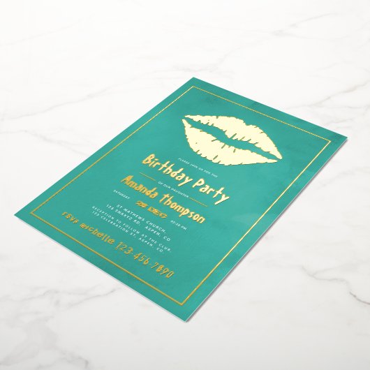 ターコイズと金ゴールド誕生日キス唇 箔招待状 (回転した状態)