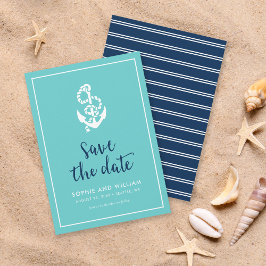 ターコイズと青のスクリプトで「Save the Date」アンカー セーブザデート