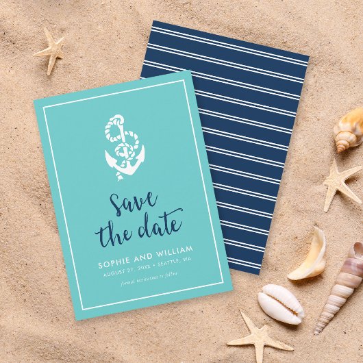 ターコイズと青のスクリプトで「Save the Date」アンカー セーブザデート