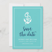 ターコイズと青のスクリプトで「Save the Date」アンカー セーブザデート (正面)