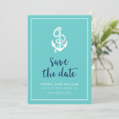 ターコイズと青のスクリプトで「Save the Date」アンカー セーブザデート (スタンド正面)