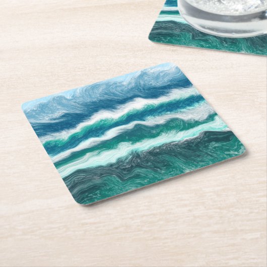 ターコイズと青の海波 スクエアペーパーコースター (アングル)