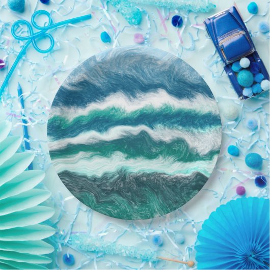 ターコイズと青の海波 ペーパープレート (パーティー)