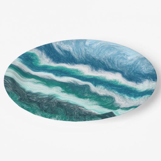 ターコイズと青の海波 ペーパープレート (アングル)
