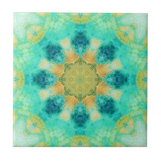 ターコイズと黄曼荼羅|万華鏡のように千変万化するパターンパターン タイル (正面)