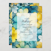 ターコイズと黄色と灰色のフローラ結婚の 招待状 (正面/裏面)