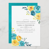 ターコイズと黄色のフローラ婚約パーティ 招待状 (正面/裏面)