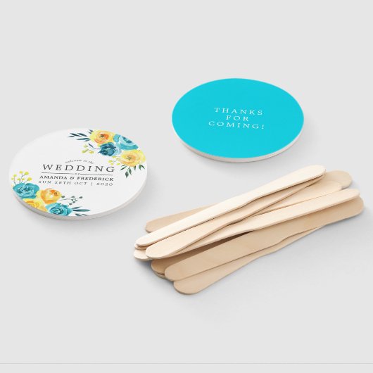 ターコイズと黄色のフローラ結婚式の引き出物 ハンドファン (組立なし)