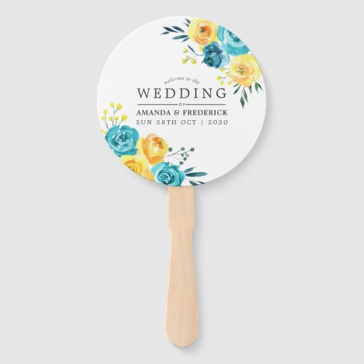 ターコイズと黄色のフローラ結婚式の引き出物 ハンドファン (正面)