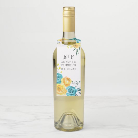 ターコイズと黄色のフローラ結婚式の引き出物 ボトルネックタグ (ボトル)