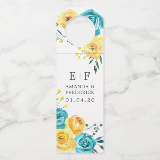 ターコイズと黄色のフローラ結婚式の引き出物 ボトルネックタグ (正面)