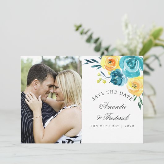 ターコイズと黄色のフローラ結婚式の日付を保存 セーブザデート (スタンド正面)
