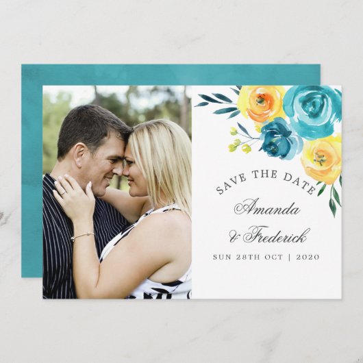 ターコイズと黄色のフローラ結婚式の日付を保存 セーブザデート (正面/裏面)
