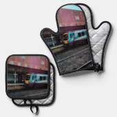 ターコイズと黄色の列車 鍋つかみ&鍋敷きセット (正面/裏面)