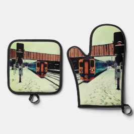 ターコイズと黄色の列車 鍋つかみ&鍋敷きセット