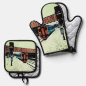 ターコイズと黄色の列車 鍋つかみ&鍋敷きセット (正面/裏面)