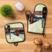 ターコイズと黄色の列車 鍋つかみ&鍋敷きセット (トップダウン)